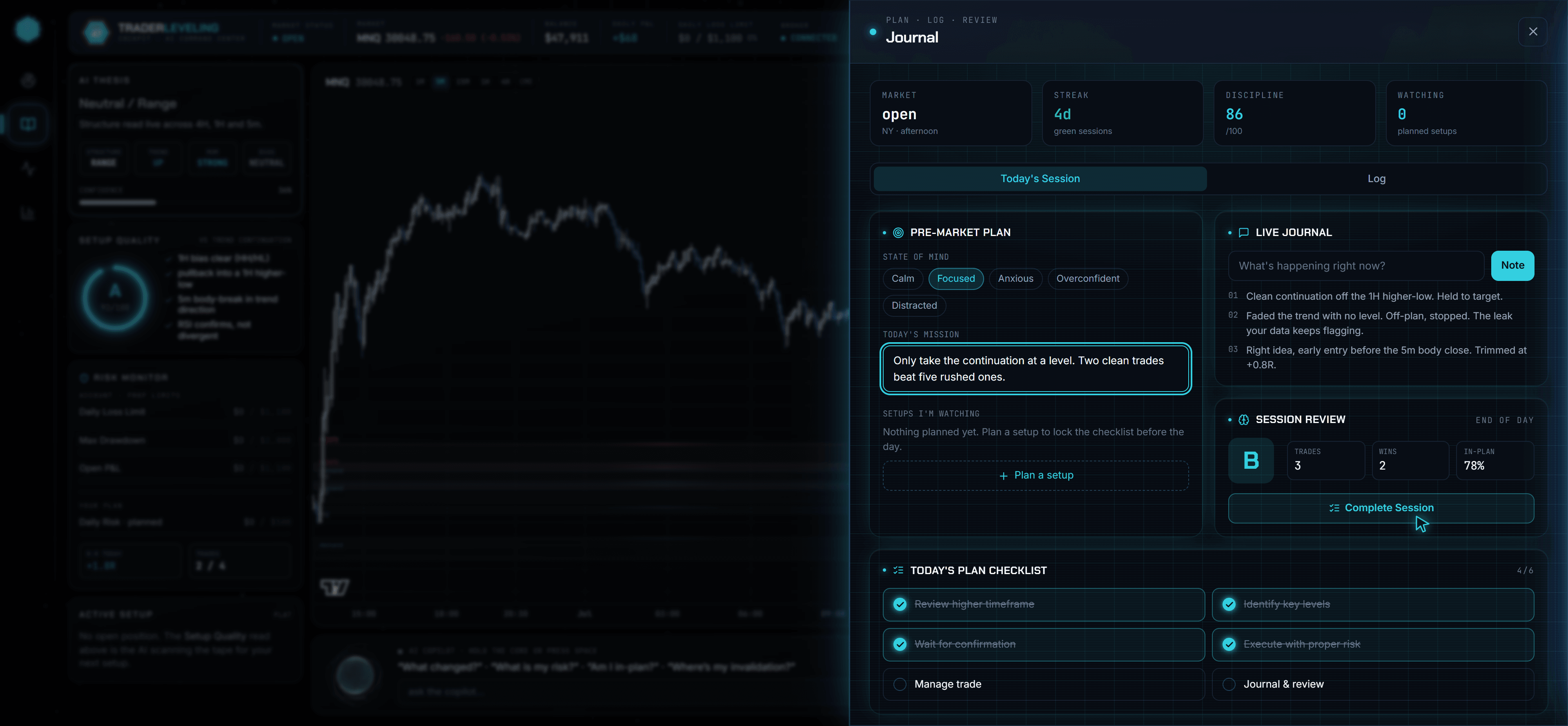 The Terminal journal drawer: pre-market plan, live journal and session review